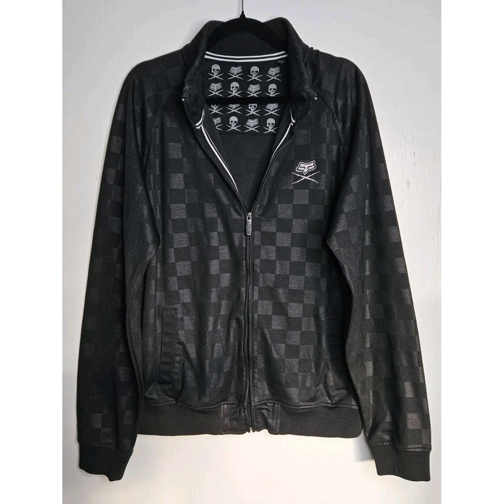 Fox Racing Mens XL Full Zip Checkered Black Jacket Collared Y2K Grunge